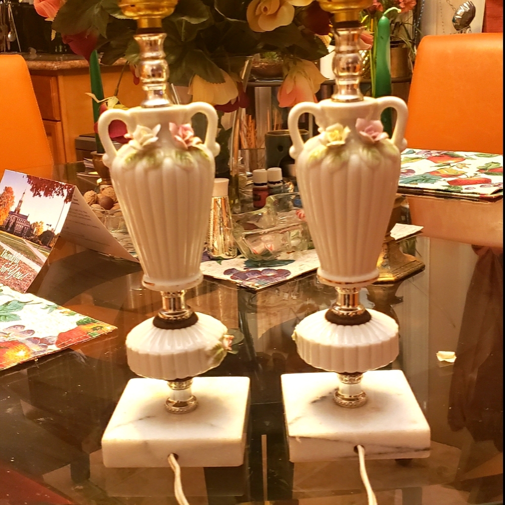 Pair of Vintage Marble Base Pink Flower lamp